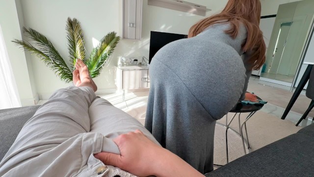 Step Mom caught Step Son with boner while cleaning and helped him cum on her big round ass