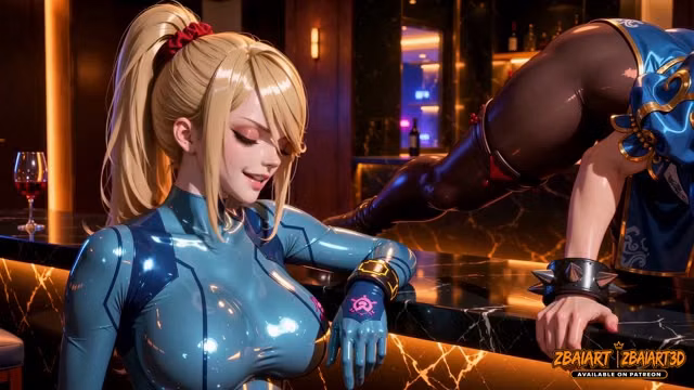 Samus Aran and Chun Li Tease and Strip Topless in a Penthouse Rematch - Hentai